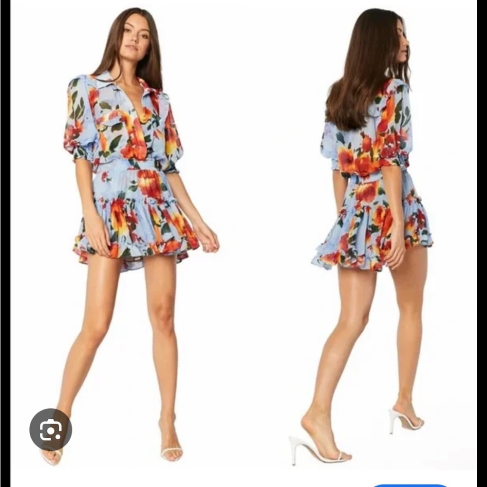 Misa Los Angeles Blue Floral Mini Dress with Orange Blooms